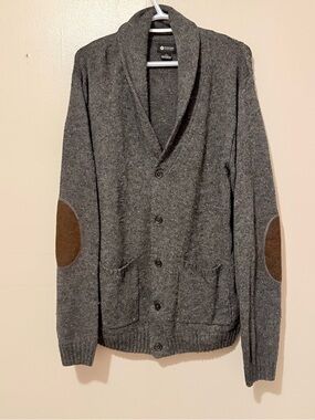Haggar Shawl Collar Cardigan Sweater - Gray with Brown Elbow Patches